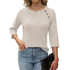 Womens Sweaters 3/4 Length Sleeve Fall Fashion Tops Crew Neck Button Shirts Business Casual Outfits Loose Trendy Winter Clothes Apricot