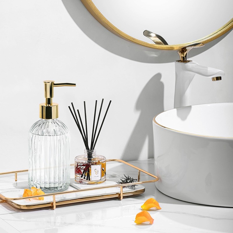 14 Oz Stripe Clear Glass Soap Dispenser with Gold Plastic
