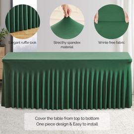Wish Care 6 Pack Hunter Green Spandex Table Clothes for 6 Foot Rectangle Tables, 6FT Wrinkle Free Fitted Tablecloths Ruffles Design Table Cover for Party, Banquet, Wedding and Events