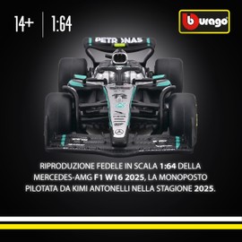 Bburago - F1 Mercedes-AMG F1 W16 2025#12 Antonelli, Auto Diecast in Scala 1:64, Replica Dettagliata Monoposto Formula 1, Colori Ufficiali Mercedes, Blister da Collezione, Età Consigliata 14+ Anni