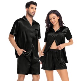 SWOMOG Women Satin Pajamas Sets Soft Button-Down Silk Sleepwear Two-Piece PJs Sets Loungewear Black