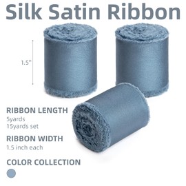 KEOSREE Dusty Blue Silk Satin Ribbon,Frayed Silk Ribbon for Bridal Flower Bouquet Christmas Gift Wrapping Wedding Decor Invitations Decorations 1.5" x 15 Yards (5Yards X 3 Rolls)