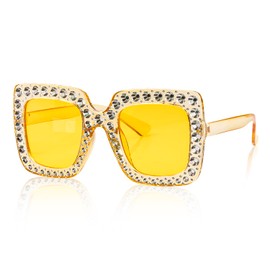 Jagowa 1 Piece Rhinestone Square Sunglasses Large Frame Crystal Sunglasses for Women Dress Costume Accessories (Yellow)