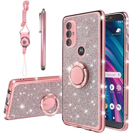 Funda protectora para Moto G Pure para teléfono Moto G Power 2022 para Moto G Play 2023 para mujer, funda protectora de TPU transparente con purpurina y correa de soporte para Moto G Pure