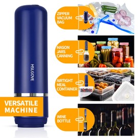 HSLGOVE Vacuum Sealer, 18-in-1 Mason Jar Vacuum Sealer Kit(1 Handheld Sealer + 10 Mason Jars Lids + 5 Bags + 2 Wine Stopper)-Navyblue