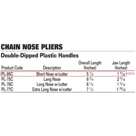 Williams 5-1/2" Chain Nose Pliers,Short Nose w/cutter,Dble-