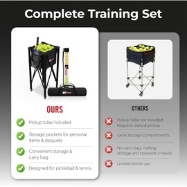 [2-in-1 Set] Tennis & Pickleball Hopper with Pickup Tube – Pickleball Caddy with Collapsible Metal Frame Ball Basket and Wheels & Carry Case – 120 Tennis Balls or 100 Pickleball Ball Holder