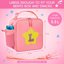 WOBAGMEN Initial Lunch Box for Women Kids Girls,Cute Pink Insulated Lunch Bag with Chenille Letter, Reusable Square Bento Lunch Box for School Office Picnic,Kids Lunch Bag for Teen Girls(Pink, L)