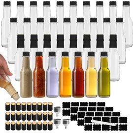 TOEKSIX 35 Pack 5 oz Glass Hot Sauce Bottles with Black Caps,Glass Sauce Bottles with Shrink Capsule,Clear Glass Woozy Bottles,Vanilla Extract Bottles for Homemade Hot Sauces, Dressing,Beverages