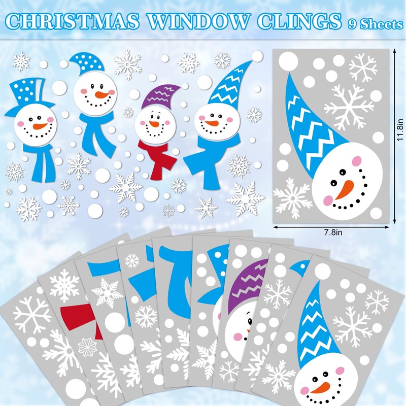 JarThenaAMCS 9 Sheet Winter Window Clings Funny Christmas Snowman Snowflake