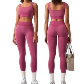 OLCHEE Womens Workout Sets 2 Piece Seamless Square Neck Sports Bra Padded Butt Lifting Leggings High Waist Yoga Gym Outfits - Orchid Purple Large