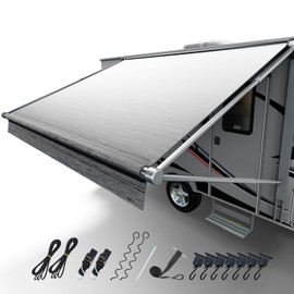 Fonzier RV Awning Fabric Replacement, 19.5oz Heavy Duty Vinyl, with Tie Down Kits & 7 Hooks & Pull Strap for Trailer Camper Awning- 17'(Fabric 16'2"), Light Gray Fade