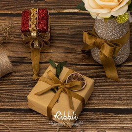 Ribbli Antique Gold Velvet Ribbon 3 Rolls Double Faced 3/8 Inch 18-Yard with Wooden Spool Use for Christmas Tree Ornaments Gift Wrapping Wreath Decoration Wedding Boutonnieres