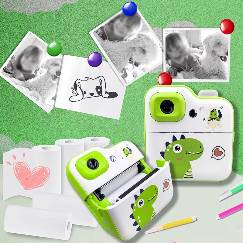 ieron Thermal Printing Camera Green Dinosaur Pattern 2.4 Inch Screen