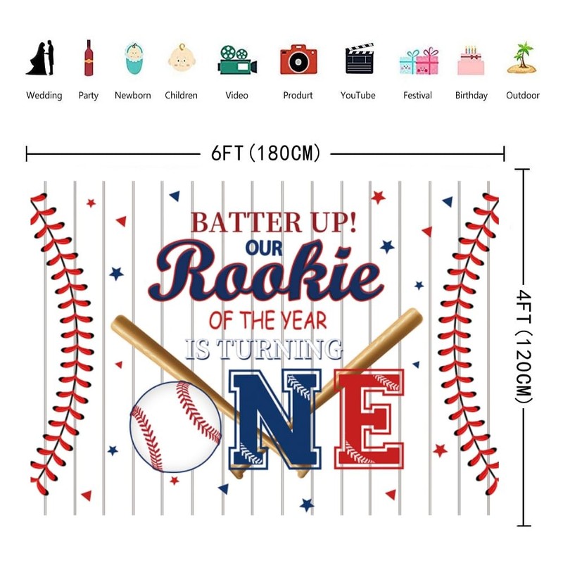 INRUI Rookie Baseball 1st Birthday Photography Backdrop 6x4FT