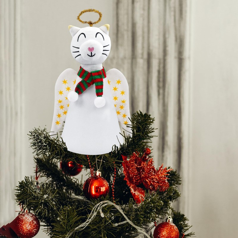 Christmas Tree Topper Decoration Cat Angel with LED Light-Up Wings