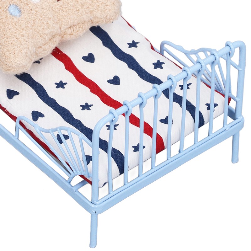 1:12 Miniature Bed Metal Structure Cute Pattern Sponge Cloth Mattress