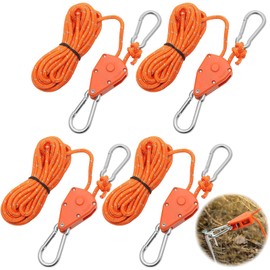 Pack of 4 4 mm Adjustable Rope Ratchet, 5 m Guy Ropes with Rope Tensioner, Adjustable Ratchet Hanger, Tent Cord, Reflective Guy Ropes for Awning, Hiking Awning, Picnics (Orange)