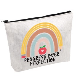 PWHAOO Motivational Rainbow Makeup Bag Progress Over Perfection Cosmetic Bag Inspirational Teacher Gift SPED Teacher Gift (PROGRESS OVER PERFECTION B)