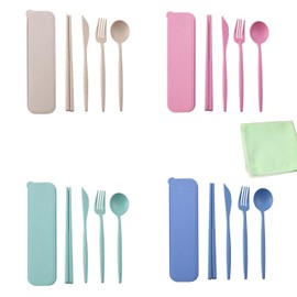 Hinapan Green Travel Utensils with Case, 4 Sets Reusable Utensils Set with 1 Cleaning Cloth, Eco-Friendly, Portable Cutlery Set for Picnic, Camping, Work