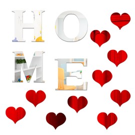 14PCS Mirror Wall Decor Home Sign Letters for Wall Stickers Decal, Silver 3D Art Red Heart Stickers, Mirror Wall Sticker for Bedroom Family Farmhouse Office Modern Living Room Wall Decor