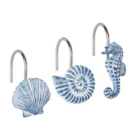 Sunlit Seashells - Ganchos decorativos para cortina de ducha, diseño de criaturas marinas, color azul claro, anillos de cortina de ducha costera, resina, decoración náutica de baño, ganchos, 12 unidades