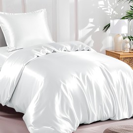 RUIKASI Satin Bed Linen 135 x 200 cm White - Silky Luxury Duvet Cover with Shine Like Silk Bed Linen Set for Hair and Skin, Shiny Bed Linen 135 x 200 cm with Zip and Pillowcase 80 x 80 cm