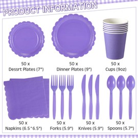 Ziliny 350 Pcs Plates and Napkins, 50 Guest Spring Party Supplies Include Scalloped Paper Plates Napkins Cups Plastic Spoons Forks Knives Disposable Tableware Set for Baby Shower(Purple)