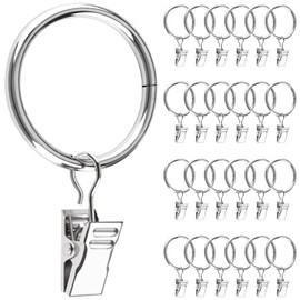 Caianwin Pack of 25 Curtain Rings Metal Curtain Rings with Clips 32 mm Inner Diameter Curtain Rings for Rod Window Door Shower Curtain Washing Line (Silver)