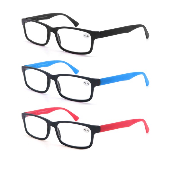 MODFANS Reading Glasses Men Women 2.5 Strength Readers Eyeglasses Square Matte Comfort Feel Spring Hinge 3 Pack Mix Color Black Red Blue