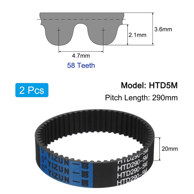 sourcing map 2pcs HTD-5M Rubber Timing Belt 58 Teeth, 290mm
