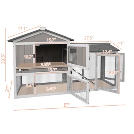 Gowoodhut Rabbit Hutch Indoor Outdoor 57 "L Bunny Hutch with Pull Out Tray,2 Story Wooden Rabbit Cage with Asphalt Roof,Guinea Pig Cage with Ventilation Doors,Ramp for Small Animals(Grey)
