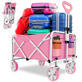 Foldable Wagons Carts with Wheels - Portable Collapsible Heavy Duty Beach Wagon, Large Capacity and Utility Lightweight Wagon Cart for Outdoor Garden Camping Groceries Shopping Picnic Sport (Pink)