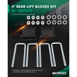 SCITOO 4 Inch Rear Lift Blocks Kit With 9.5In Ubolts 2007-2018 for Chevy Silverado for Gmc Sierra 1500 Leaf Spring Accessory Suspension Bracket Replacement 810040