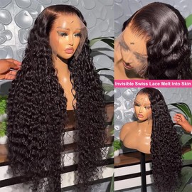 Deep Wave Lace Front Wigs Human Hair 13x6 HD Transparent Lace Frontal Human Hair Wigs for Black Women 100% Real Curly Human Hair Wigs Pre Plucked with Baby Hair 180% Density (Black, 34 inch)