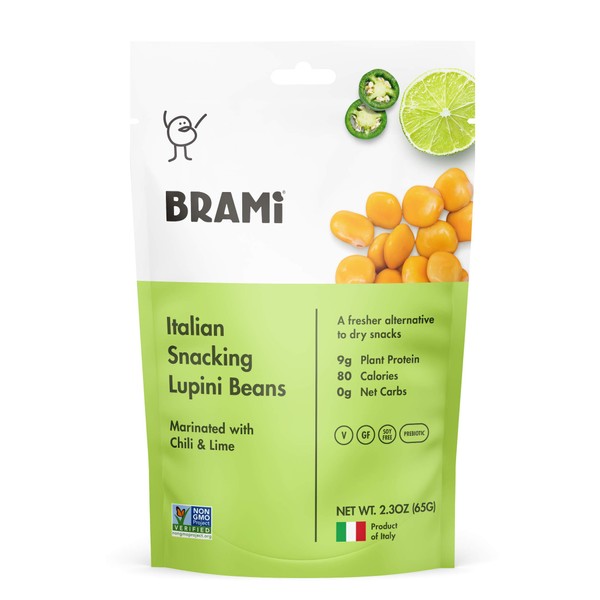 BRAMI Lupini Beans Snack, Chili & Lime | 2.3 oz (8 Pack) | 9g Plant Protein, 0g Net Carbs | Vegan, Vegetarian, Keto, Mediterranean Diet, Non Perishable