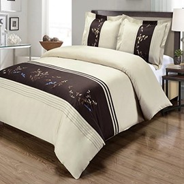 sheetsnthings 8pcs Queen Size Bed in a Bag Embroidered Celeste Beige & Chocolate Duvet Set Including Cotton 3pcs Duvet Cover Set+ 4pcs Queen Sheet Set+ 1pc Full/Queen Down Alternative Comforter