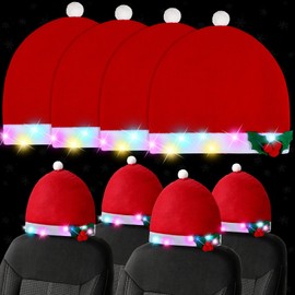 4 Pieces LED Santa Claus Hat Car Seat Headrest Covers Colorful Light Christmas Car Decoration Soft Car Seat Head Rest Cover Protector Interior Accessories Suitable for Most Car Headrests