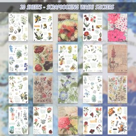 NOGAMOGA Flower Washi Stickers for Scrapbooking, Journaling Accessories, Vintage Ephemera Sticker Book, Set of 20 Sheets, 15.0 cm × 10.5 cm - Blue