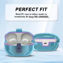 【Upgraded Lock】 Compatible with Sony WF-1000XM5 Case Cover, LED Soft TPU Super Protective Clear Shell for Sony XM5 Wireless Earbuds with Lanyard & Keychain （Clear Blue）
