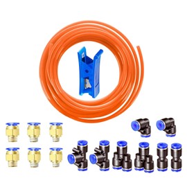 HUAZIZ 5 m PU Pneumatic Hose, Orange Pneumatic Polyurethane Pneumatic Hose, Flexible Compressed Air Hose, with 14 Pieces Pneumatic Connectors, Air Push Quick Couplings, Outer 10 mm x Inner 6.5 mm