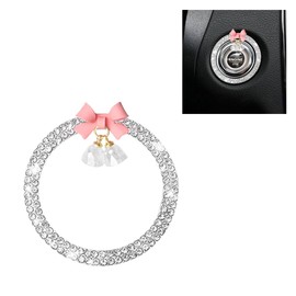 Bling Diamond Car Engine Start Stop Button Decoration Ring, Crystal Rhinestone Push to Start Button Cover Knob Ring with Cute Bow, Bling Ring Emblem Key Ignition Starter Sticker for Women (White)