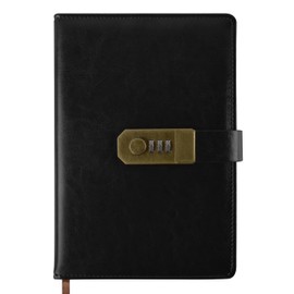 Qefuna Diary with Lock, A5 PU Leather Diary with Code, 200 Pages, 100 gsm Paper, Vintage Reading Journal Diary with Lock for Women and Men, (Black)