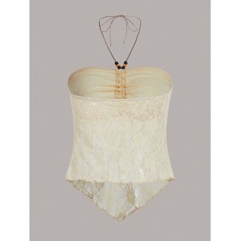 Floerns Women's Contrast Lace Ruched Beaded Tie Backless Halter Cami Crop Top Beige Medium
