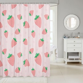 Strawberry Print Bathroom Curtain Kids Girls Kawaii Pink Strawberry Shower Curtain Cute Fruit Bath Curtains for Bathtubs Girl Stalls Decor Lightweight Waterproof Kids Bathroom Accessories 72"x78"