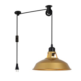 SUNLLOK Industrial Rustic Cage Pendant Light Lift Pipe Pulley Ceiling Fixture - Retro Adjustable Plug in Hanging Lamp with Switch - Indoor Metal Chandelier for Living Room Restaurant (Gold)