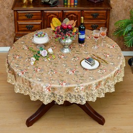 SUTAVIA Lace Tablecloth Embroidery Lace Floral Tablecloths Rectangular Vintage Jacquard Fabric Table Cover for Home Decor Holiday Party (Gold, 60" Round)