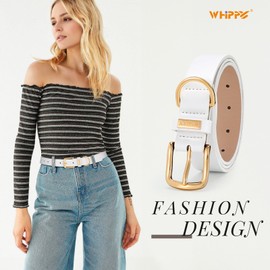 WHIPPY Womens Leather Belt Fashion Ladies Waist Belts for Jeans Pants Dresses Gold Buckle Leather Belts for Women, White 47"