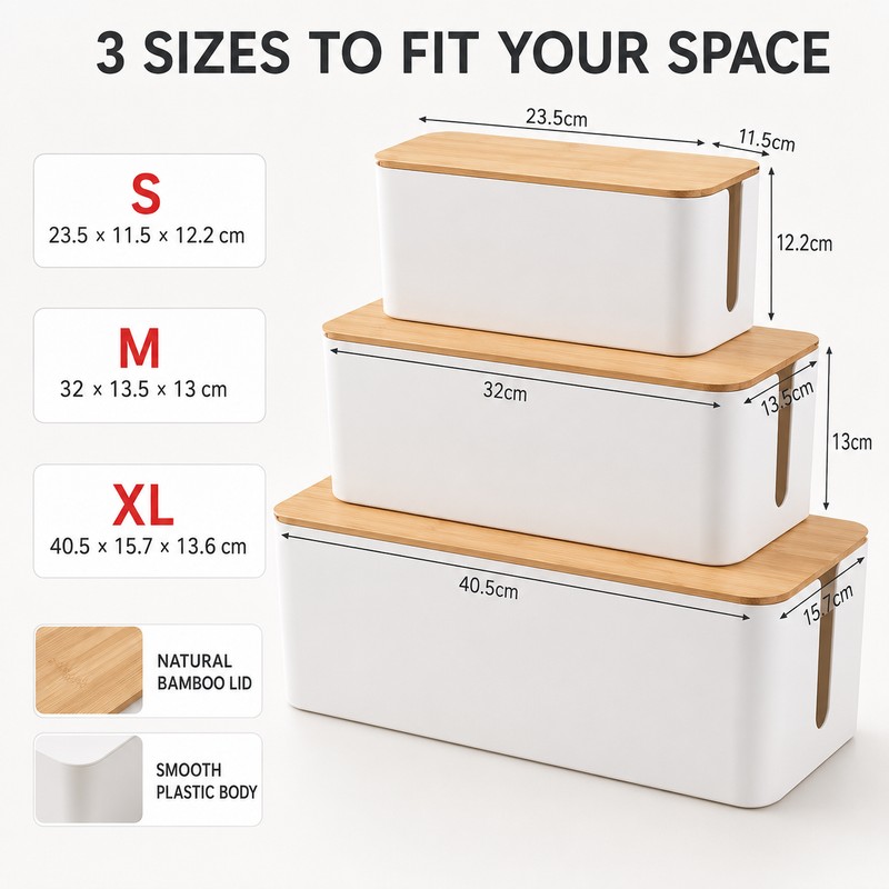 XL Cable Management Box with Wooden Lid, Large Power Strip