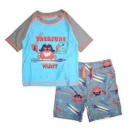 Quicksand Boys' 2-Piece UPF 50+ Rash Guard and Swimsuit Trunks Set, Grey/Blue Crab Treasure Hunt 4